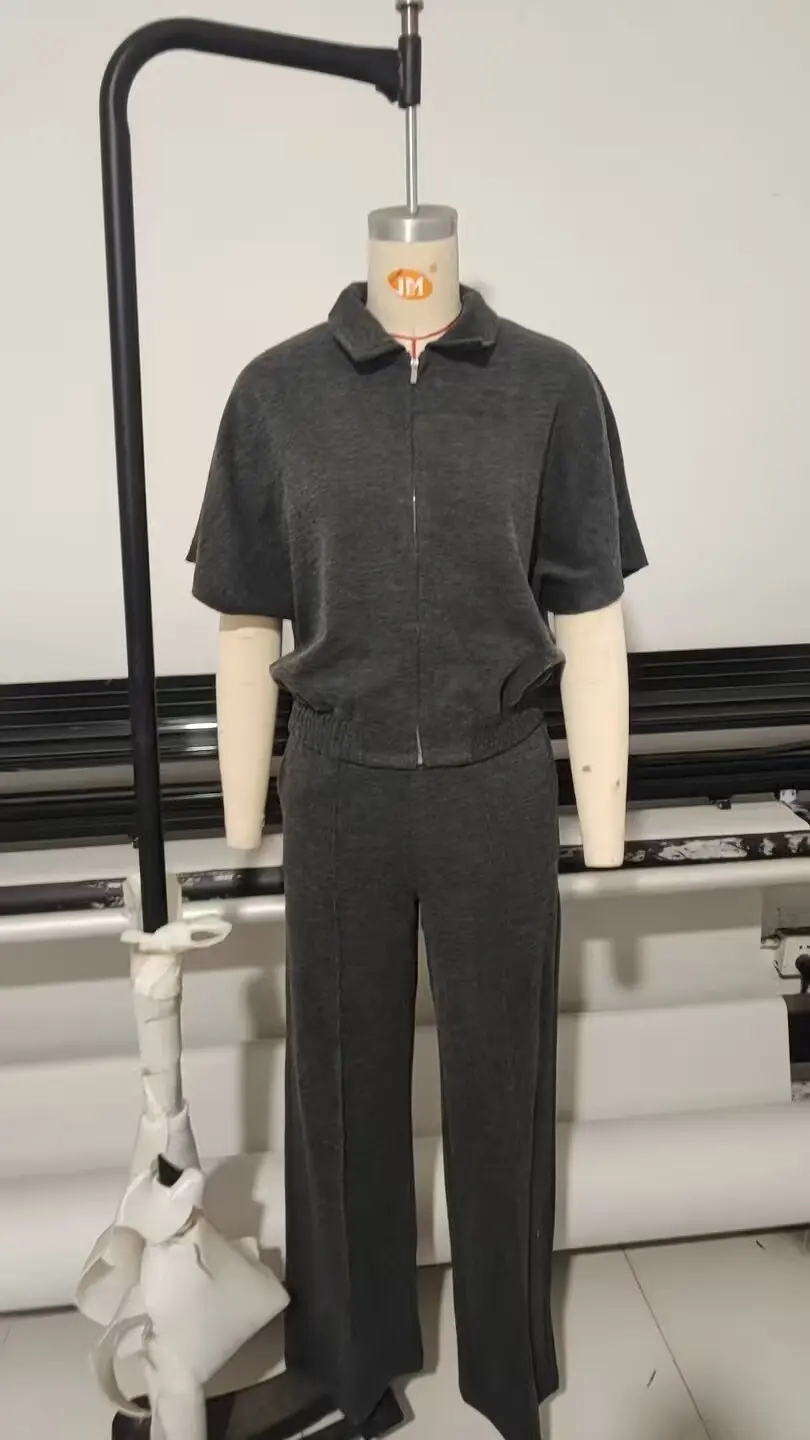 

HH Autumn Women Fashion Short Sleeve Lapel Zipper Vest+High Waisted Elastic Waist Pockets Wide-leg Pants Soft 2-Piece Set