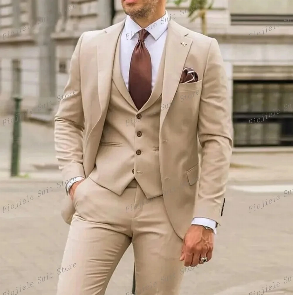 New Khaki Business Suit Men Tuxedos Groom Groomsman Prom Wedding Party Formal 3 Piece Set Blazer Vest Pants