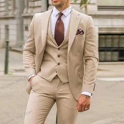 New Khaki Business Suit Men Tuxedos Groom Groomsman Prom Wedding Party Formal 3 Piece Set Blazer Vest Pants