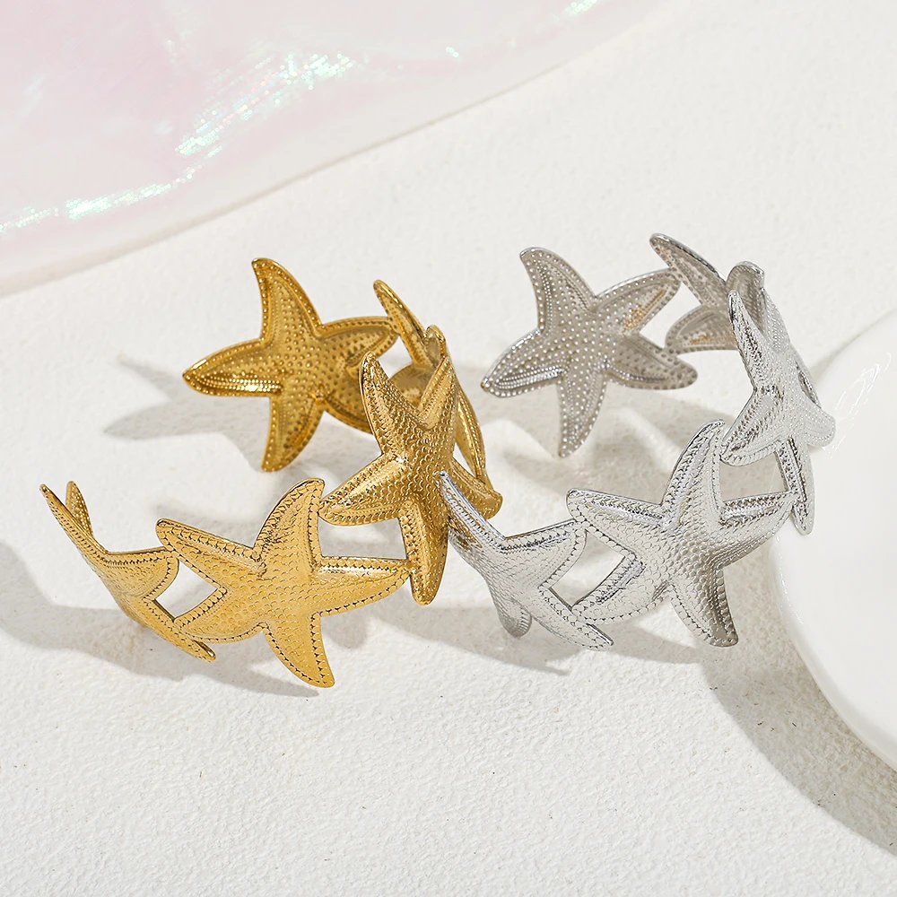 Waterproof Stainless Steel Beach Open Cuff - Gold/Silver Textured Starfish Design, Durable Jewelry for Ladies Daily Wear