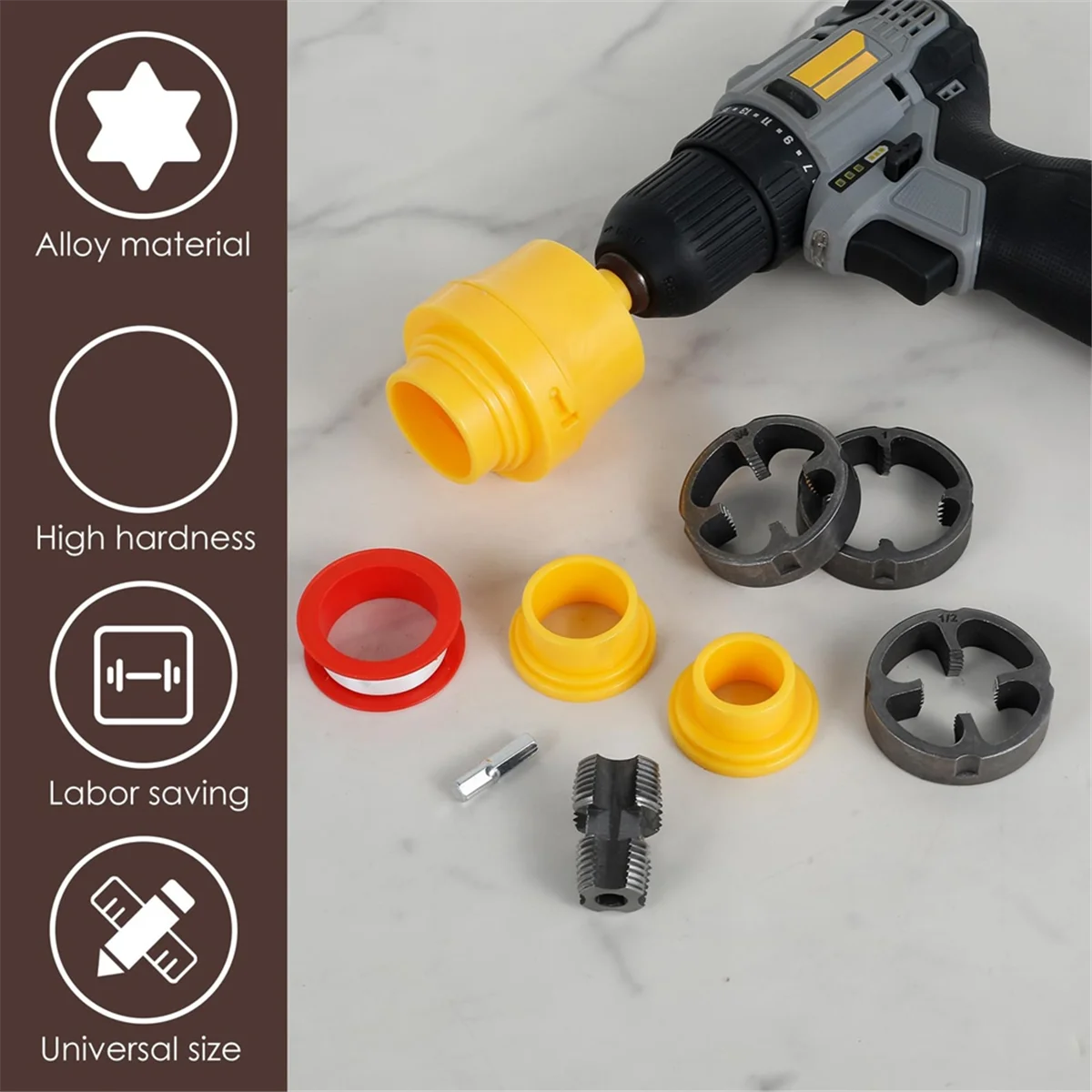 

A002 Набор для нарезания резьбы для труб из ПВХ, инструмент для изготовления резьбы для труб из ПВХ с 3 матрицами (1/2 дюйма), 3/4 дюйма), 1 дюйм), устройство для нарезания резьбы для водопроводных труб, матрица для труб