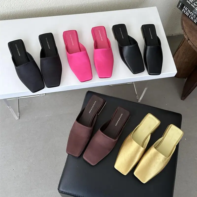 Square Toe Mules Slippers Women 2024 Spring New Golden Fashion Slip On Shoes Ladies OL Flat Heel Outdoor Sandal Slides Mujer