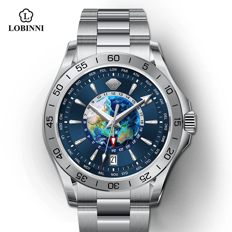 LOBINNI 316L Edelstahlgehäuse Saphirglas Business Luxus Herren NH34 GMT Datum Automatikuhr
