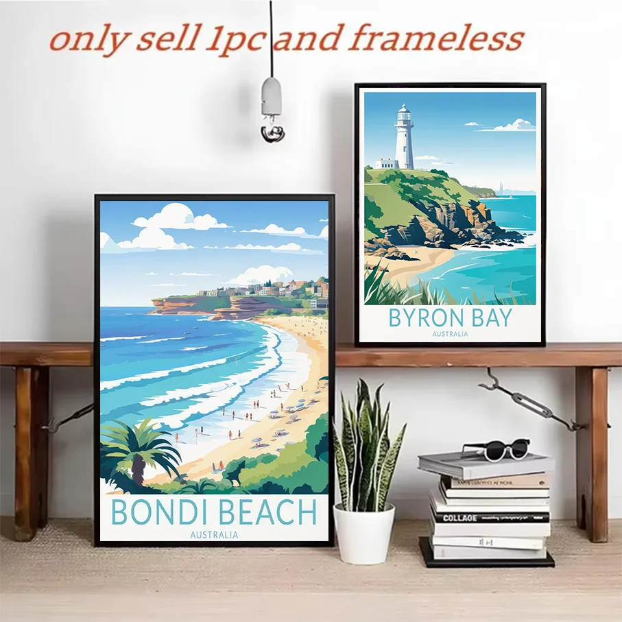 Frameless Canvas Print Bondi Beach Byron Bay Australia Vintage Travel Poster Wall Art Retro Beach Decor