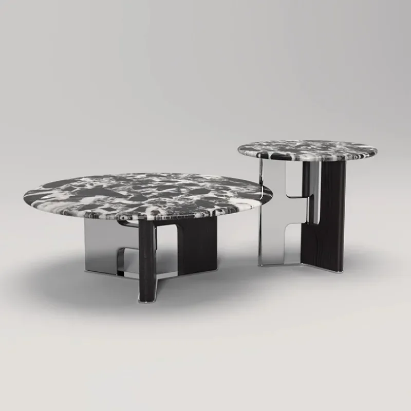 for Bulgari Style Wabi Sand Wind Minimalist Black Marble Coffee Table Round Edge Stainless Steel Tea Table Combination