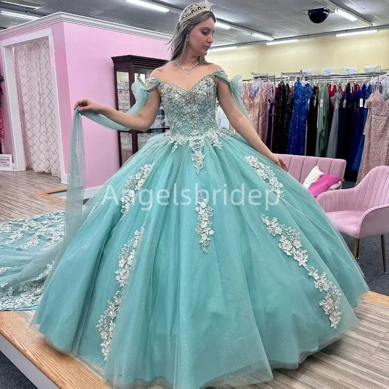 فستان الأميرة Quinceanera الأزرق اللامع Angelsbride-Aqua ، ثوب الكرة مع الرأس ، مطرز حلو ، 16 فستان ، فتيات بعمر 15 سنة