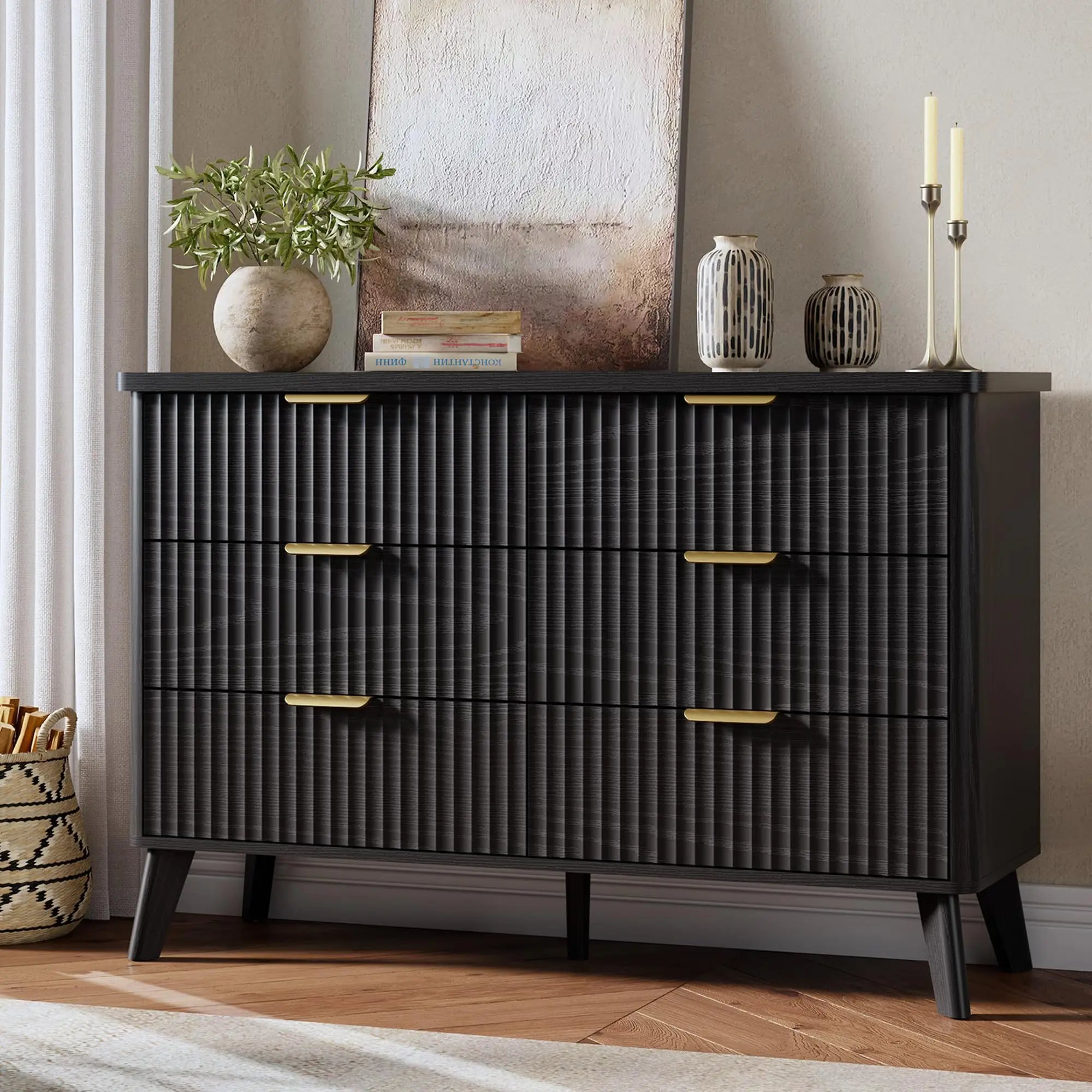 Garveelife Modern Fluted 6-Drawer Dresser – 47.2'' Wide Tall Chest, Deep Drawers, Curved Profile, Wooden Bedroom Storage Cabinet –  Black