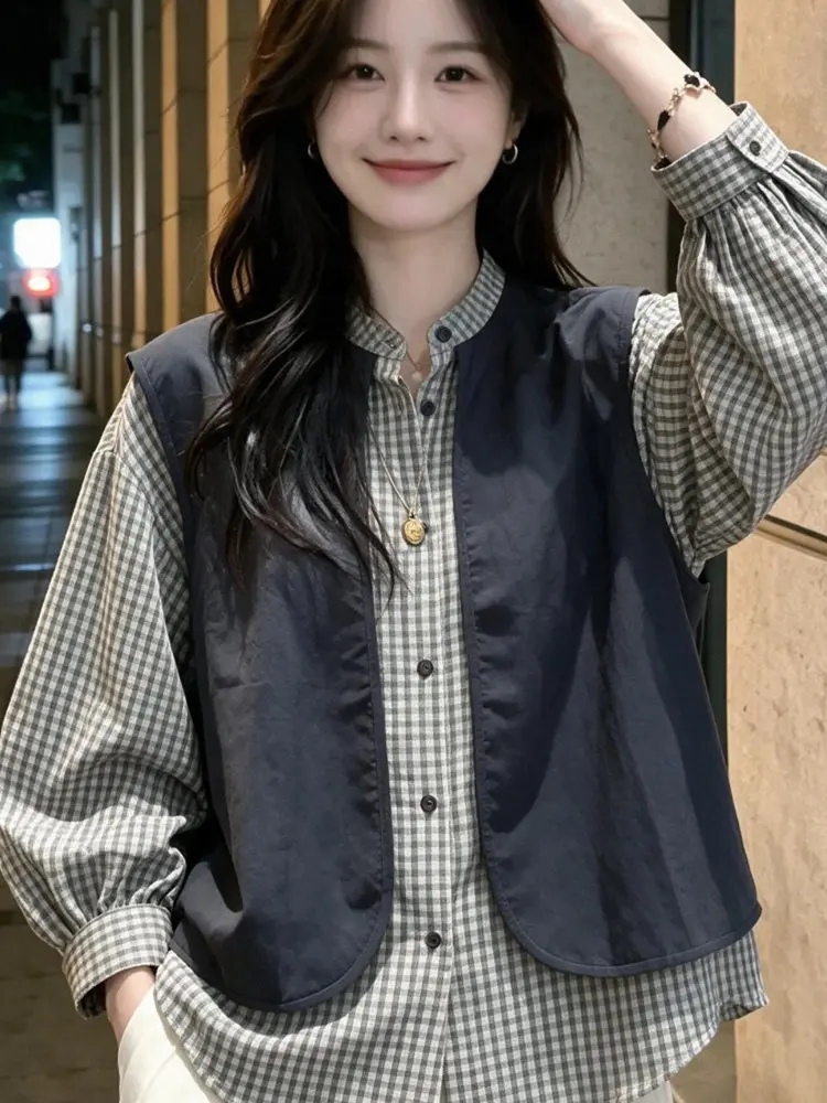 Fashionable Plaid Shirt Women's Loose Style Layered Collar Long Sleeve Autumn Top Casual Wear Polyester Cotton Blend