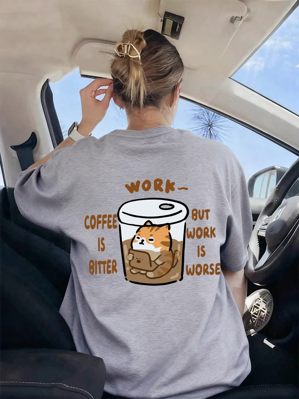 

Work Is Worse Coffee Cat Prints T-Shirts Women Casual Soft Tops Loose Comfortable Short Sleeve T Shirts Summer O-Neck Clothes