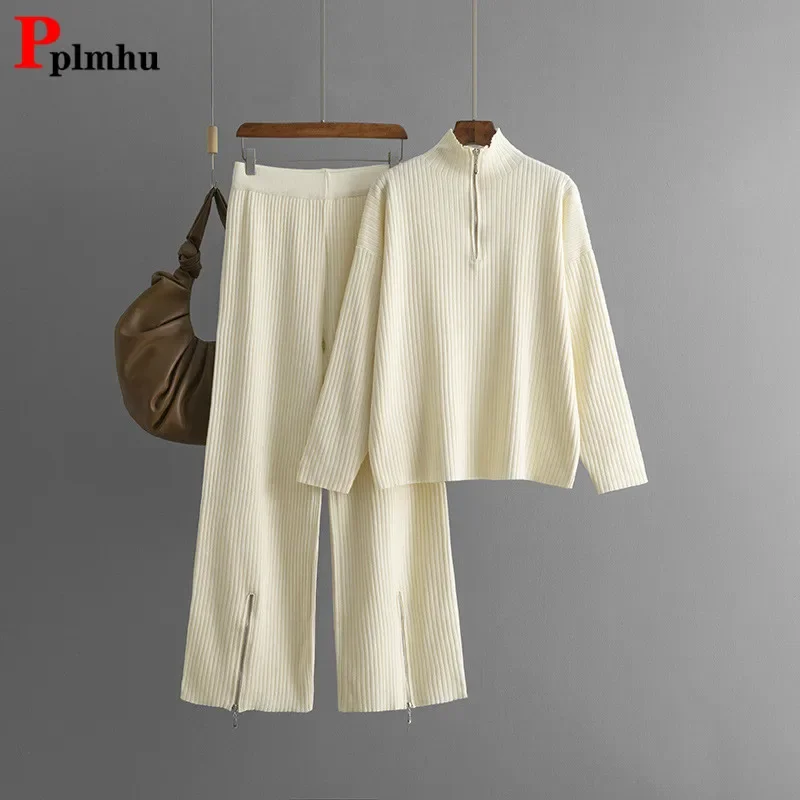 Chic Design Knitted 2 Piece Sets Casual Solid High Waist Sweatpants Outfit Women Zipper Turtleneck Knit Sweater Tops Conjuntos