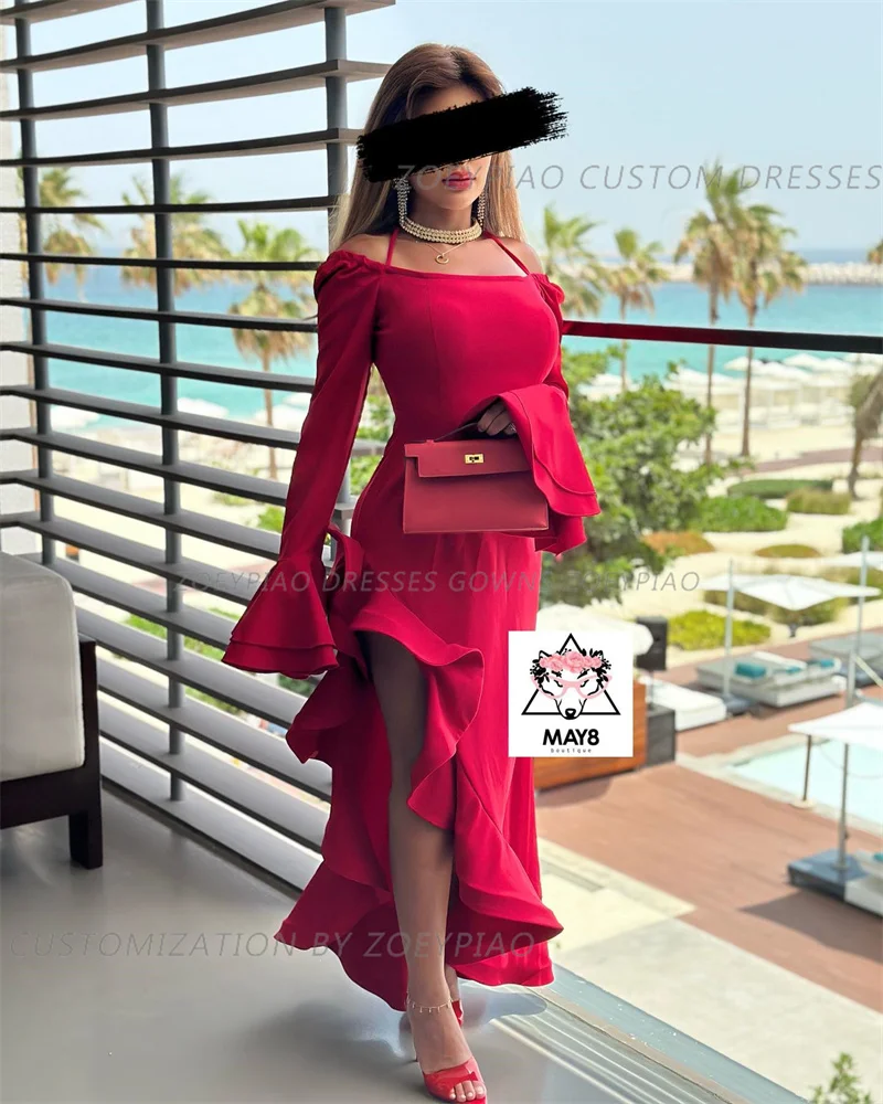 Gaun Prom ruffle pendek Satin merah 2024 Halter Neck seksi belahan samping gaun Formal pesta malam gaun pengiring pengantin Dubai Arab