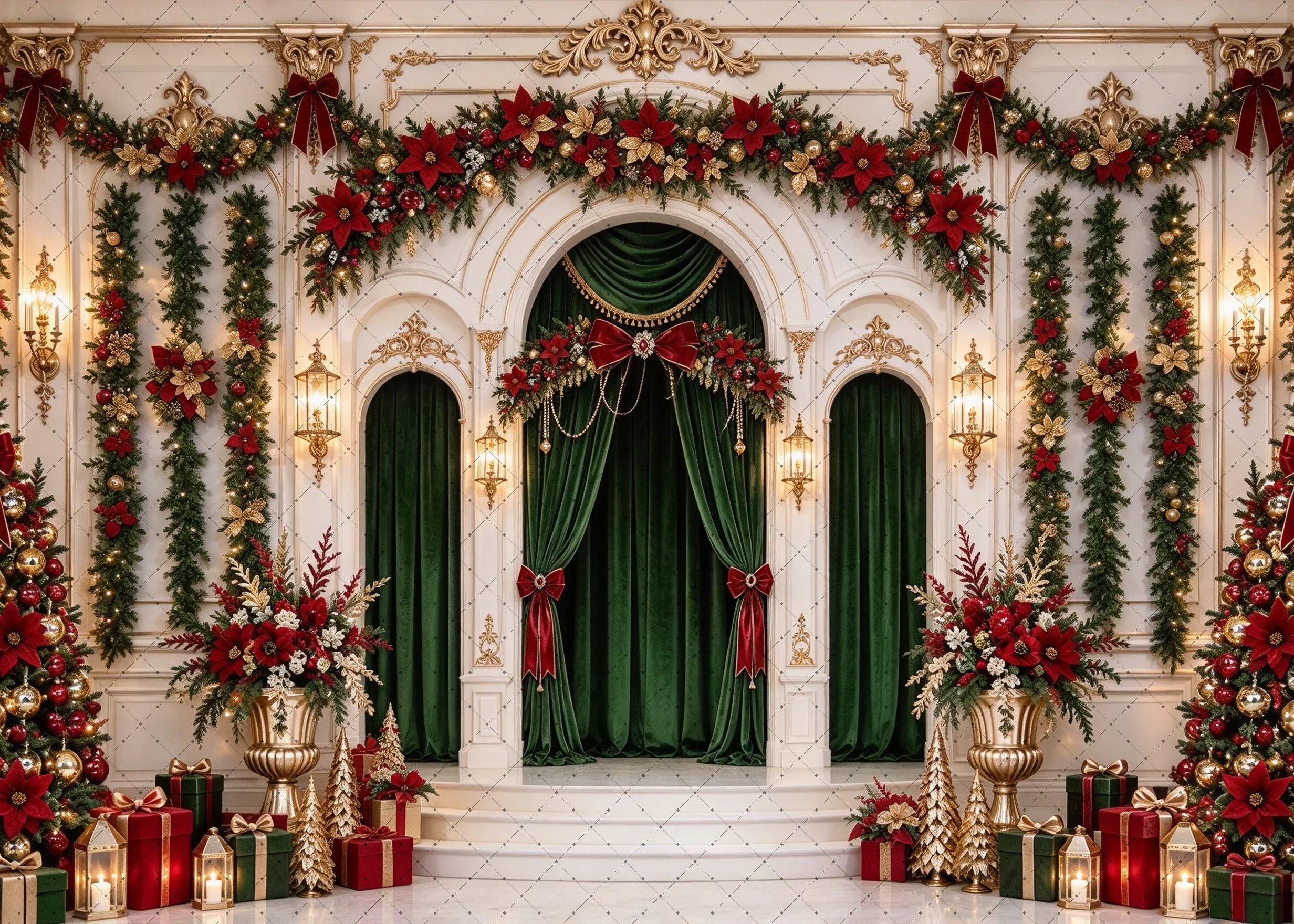Christmas Photo Backdrop Luxury Palace Arch with Red Bows Green Drape Gift Decor Scene Family Holiday Portrait Studio Shoot
