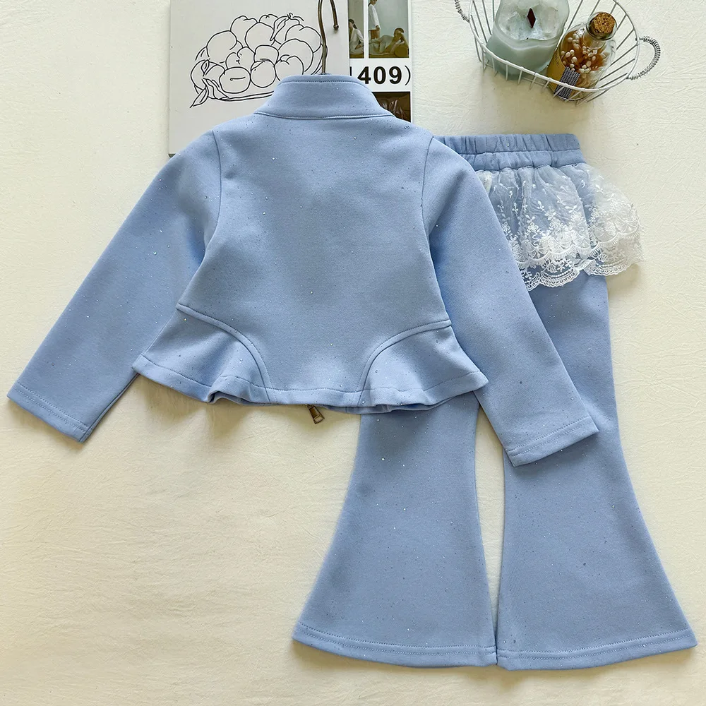 RAISE Autumn Children Girls 2PCS Clothes Set 1-10Y Girls Zipper Coats Lace Patched Flared Pant for Baby Girls Kids Girl Clothing