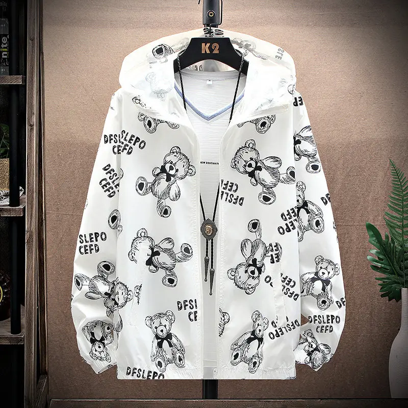 

2024 New Men's Summer Breathable Bear Print Hooded Sunscreen Clothing Fashion Hooded Jacket Casual Coat