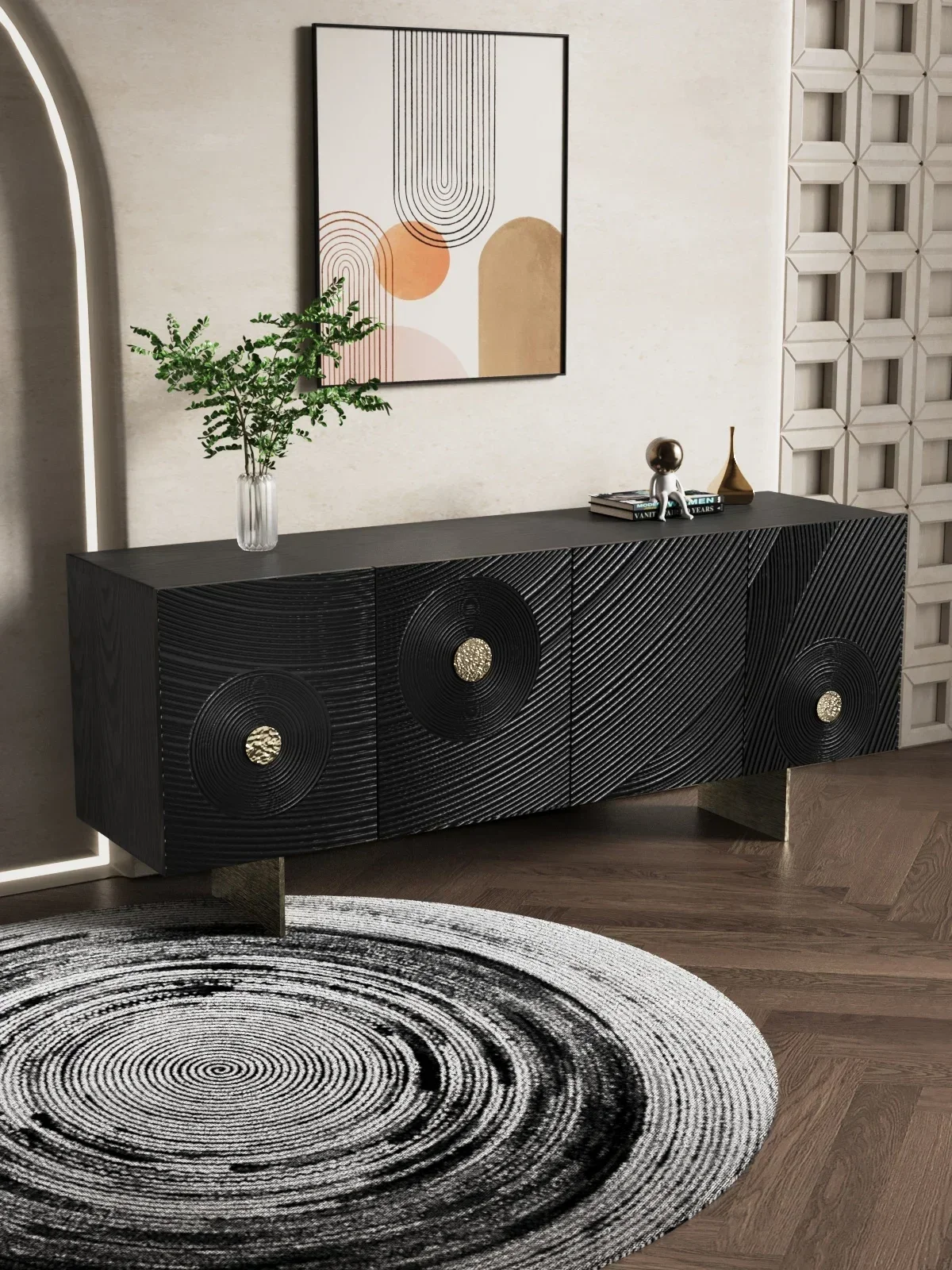 A Nordic retro, minimalist modern solid wood carving flower chest side cabinet acrylic