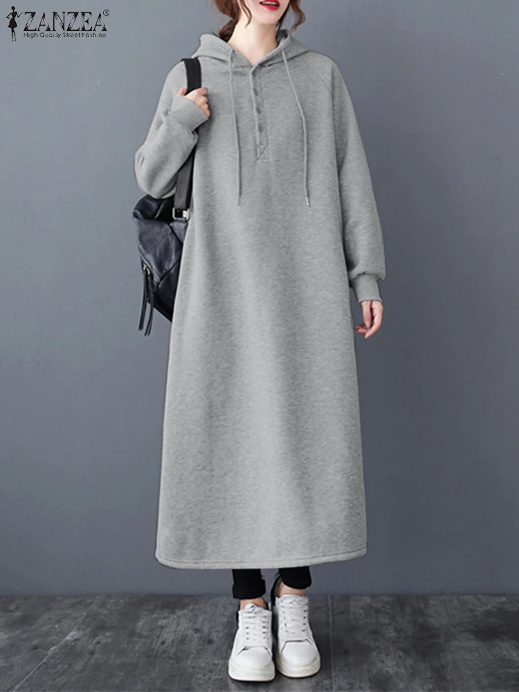 ZANZEA Korean Style Loose Casual Hoodies Dress Long Sleeve Women Hooded Solid Color Long Vestidos Autumn 2024 Sweatshirt Dress