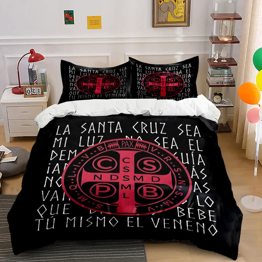Red Saint Benedict emblem with text Pattern Duvet Cover Set Digital Print Colorful Polyester Bedding with Zipper Closur for gift