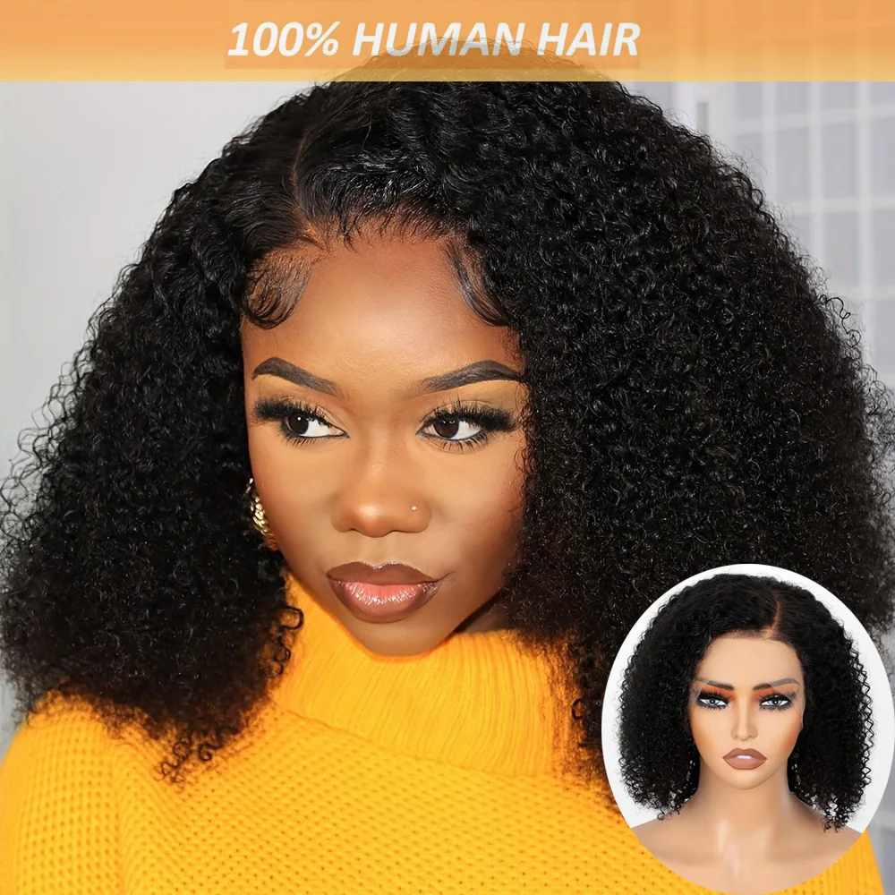 

100% Human Hair Afro Kinky Curly Side Part 13X5X1 Transparent Lace Front Bob Wig,Pre-Plucked Bob Wigs for Women Daily Wear