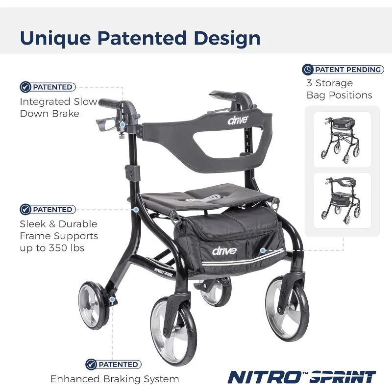 Drive Medical Nitro Sprint Foldable Rollator Walker with Seat, Standard Height Lightweight Rollator with Large Wheels