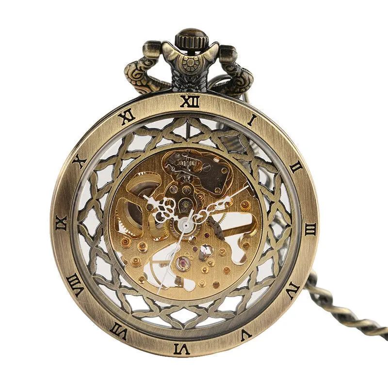 

New Arrival Steampunk Open Face Bronze Tone Case Analog Roman Number Mechanical Hand-winding Windup Pocket Watch w/ FOB Chain