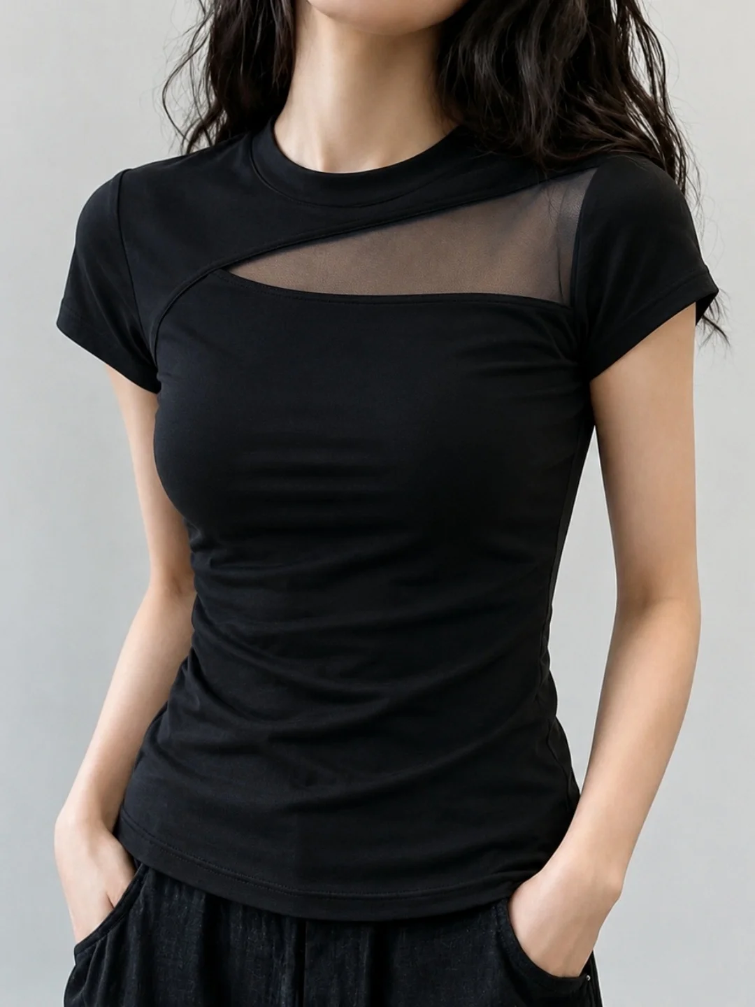 

Sexy Mesh Splice round Neck Shoulder T-Shirt Slim Fit Summer Trendy Design Korean Style Casual Fashion Women's Top