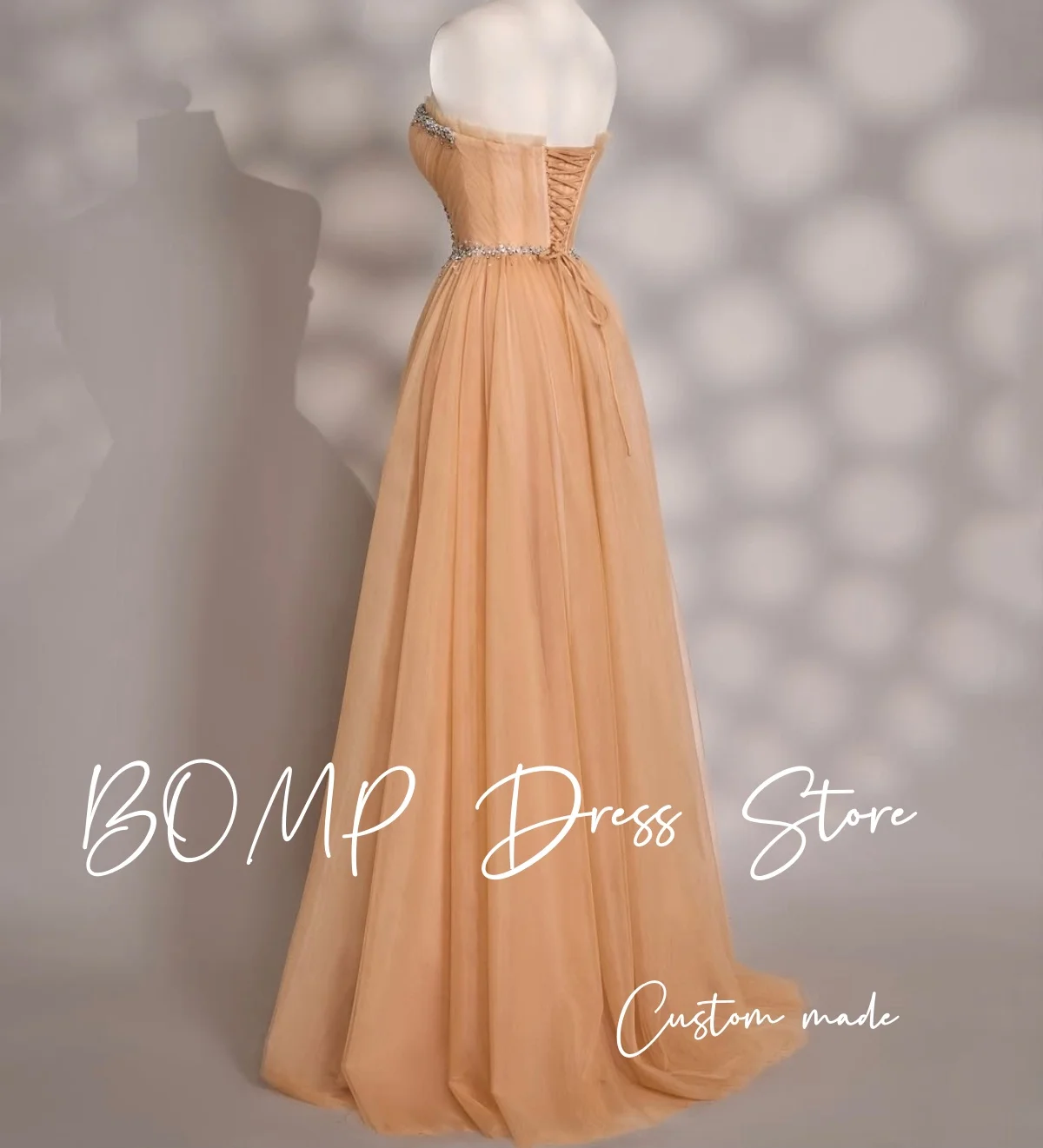 BOMP Elegantes Champagner Abendkleid Schatz Kristall High Split Saudi Dubai Frau Abendkleid Hochzeit Party Kleider Angepasst