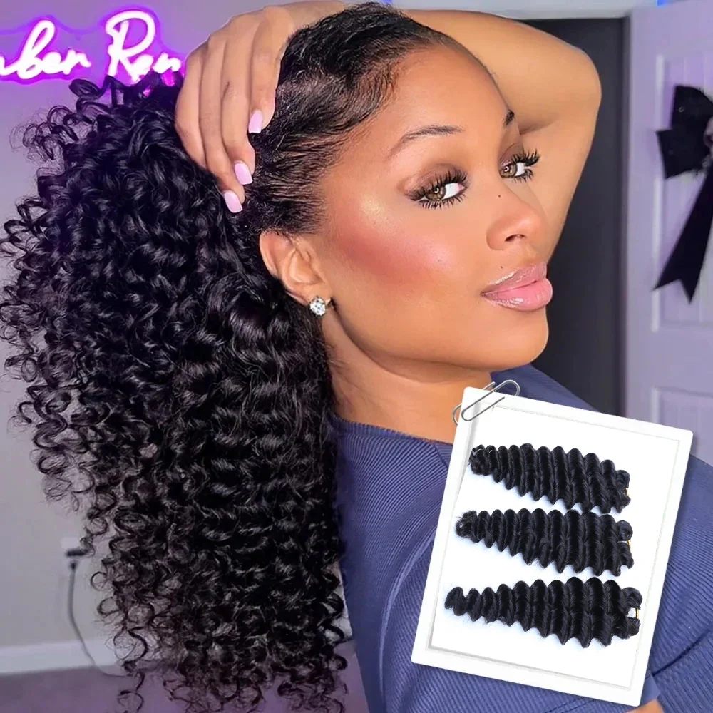 Human Crochet Hair for Black Women Deep Wave Invisible Miracle Knots Crochet 100% Human Hair Pre-Separated Feather Lightweight Reusable Crochet Hair Extensions Natural Black Raw Vietnamese Deep Curly Hair Texture for Protective Styles