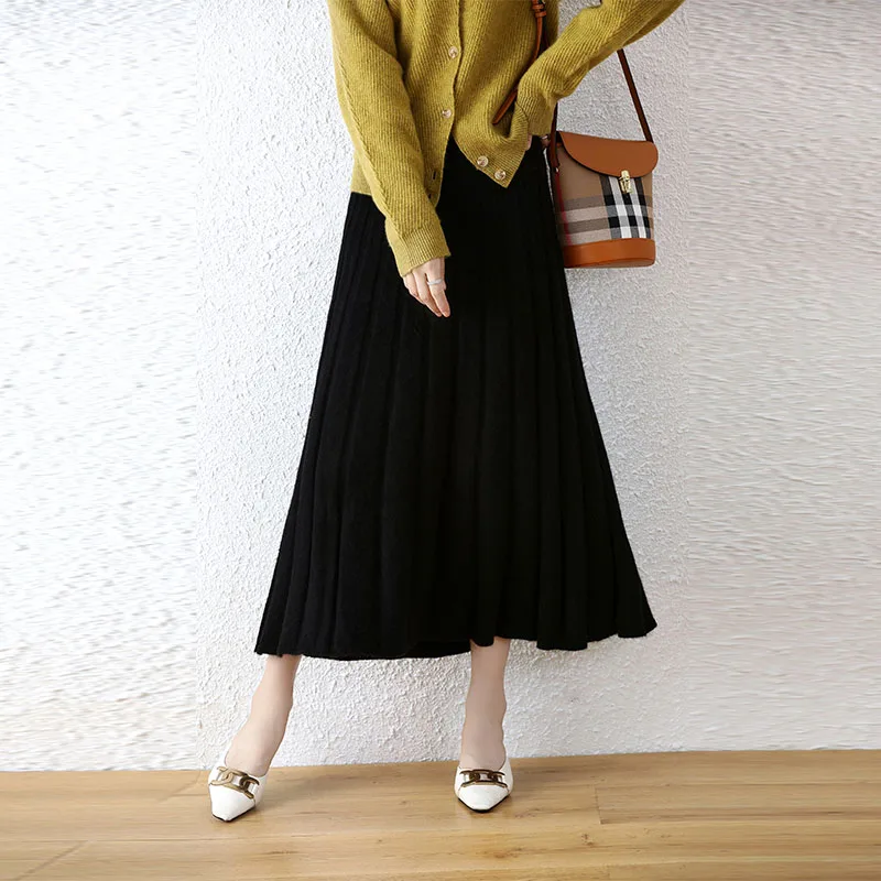 High-end 2022 Autumn/Winter New 100% Pure Wool Women\'s Thick Warm Elegant Pleated Skirt Fashion A Line Knitted Skirt 4 Colors