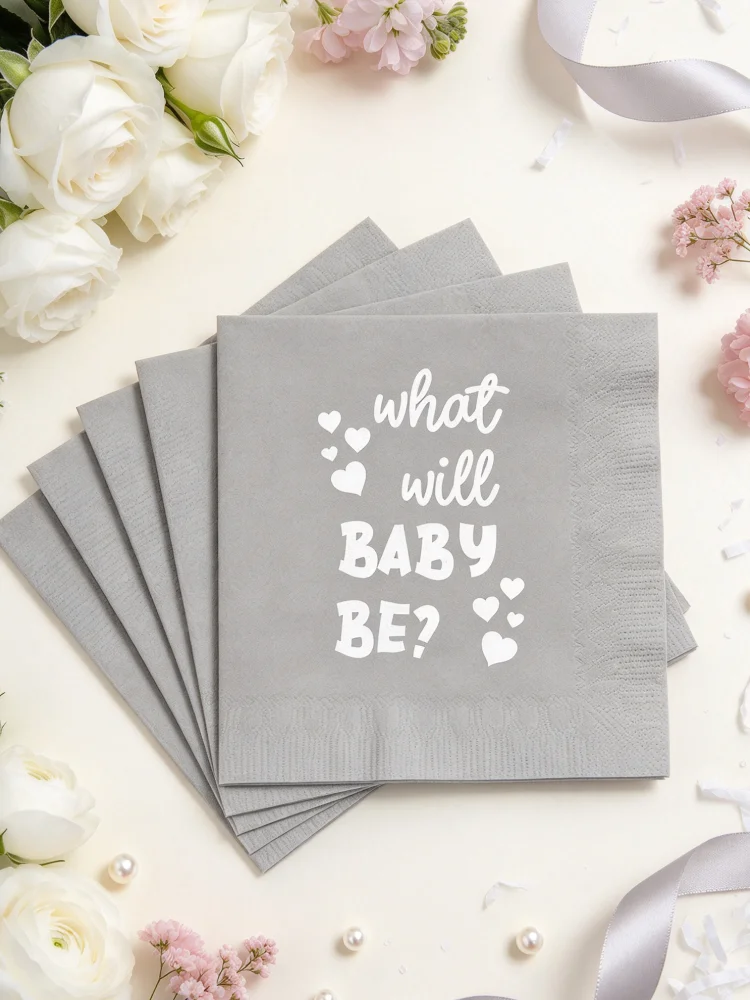 Custom Gender Reveal Paper Napkin Favors, What Will Baby Be He or She Personalized Beverage Napkins, 2ply Baby Shower Cocktail