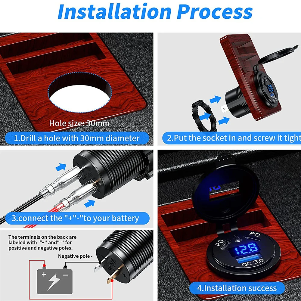 12V/24V USB Outlet 108W 3 Port Dual PD 45W USB C Car Charger Socket and Quick Charge 3.0 USB Charger with Voltmeter Power Switch