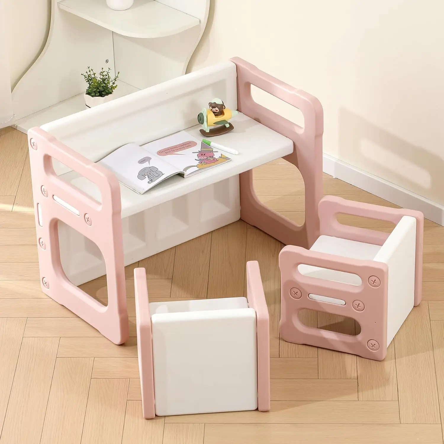 Kids Table and 2 Chairs Set,for Age 1-6,Plastic Activity Table for Reading Eating Playing,Pink