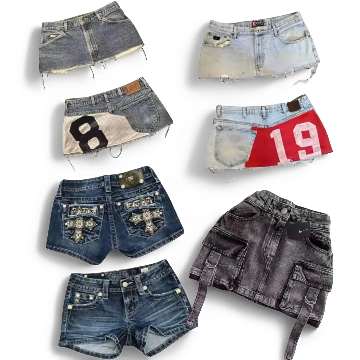 Hip Hop Digital Pattern Patchwork Gothic Womens Denim Shorts Y2K Skirt Vintage 2000s Baggy Shorts High Waist Slim Fit Mini Skirt