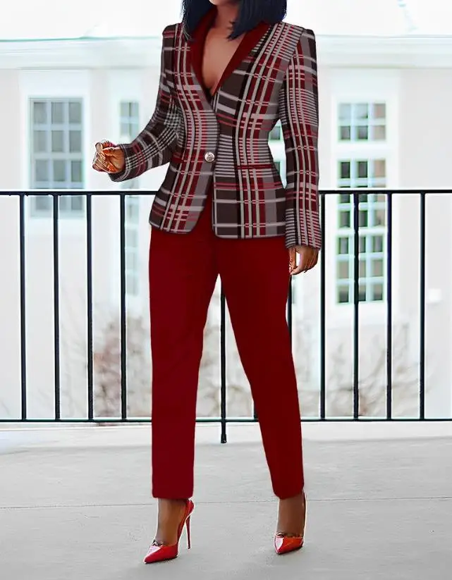 

Women's Elegant Suits 2024 Spring Summer Latest Chic Plaid Print Shawl Collar Long Sleeve Buttoned Blazer Coat & Work Pants Set