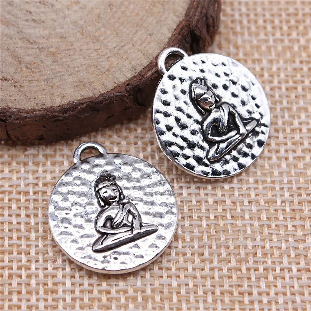 20pcs 22x20mm(0.87x0.79inch) Antique Silver Color Round Double-Sided Sitting Buddha Charms Jewelry Making DIY