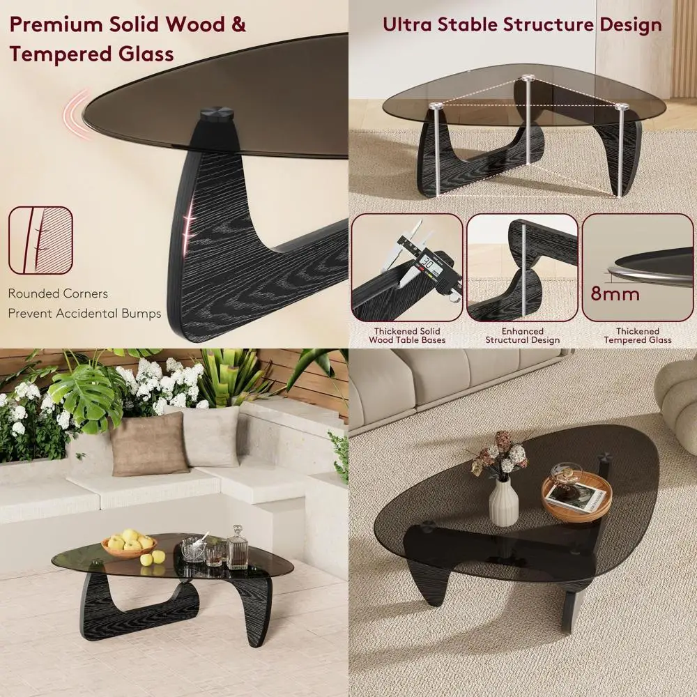 

Vintage Minimalist Triangle Coffee Table with Tempered Glass Top, 42.5x28.5x16.1 for Living Room, Small Space, Office (Black)