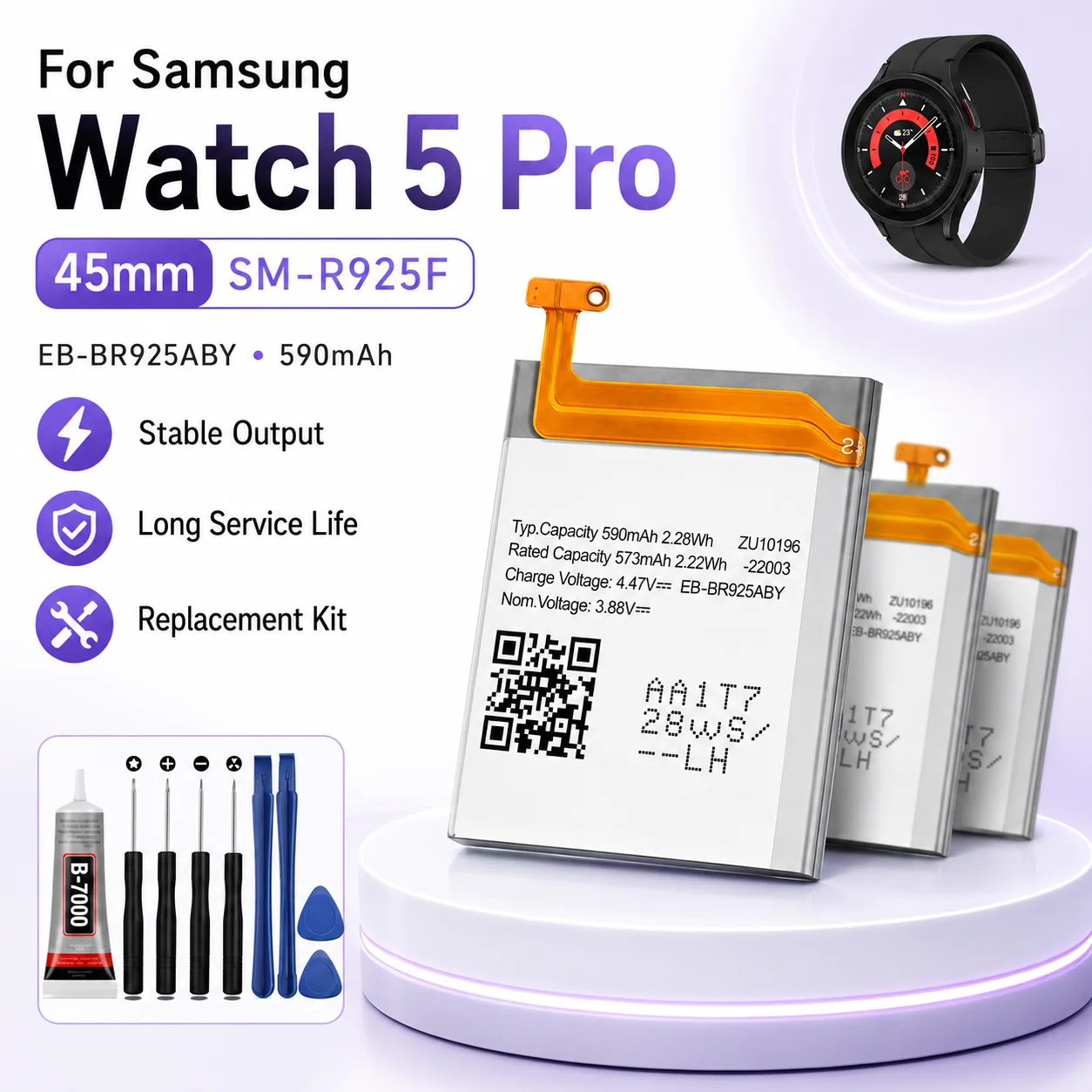 EB-BR925ABY Battery for Samsung Galaxy Watch5 Pro 45mm Rechargeable Li-ion Replacement Cell with Smartwatch Repair Tools