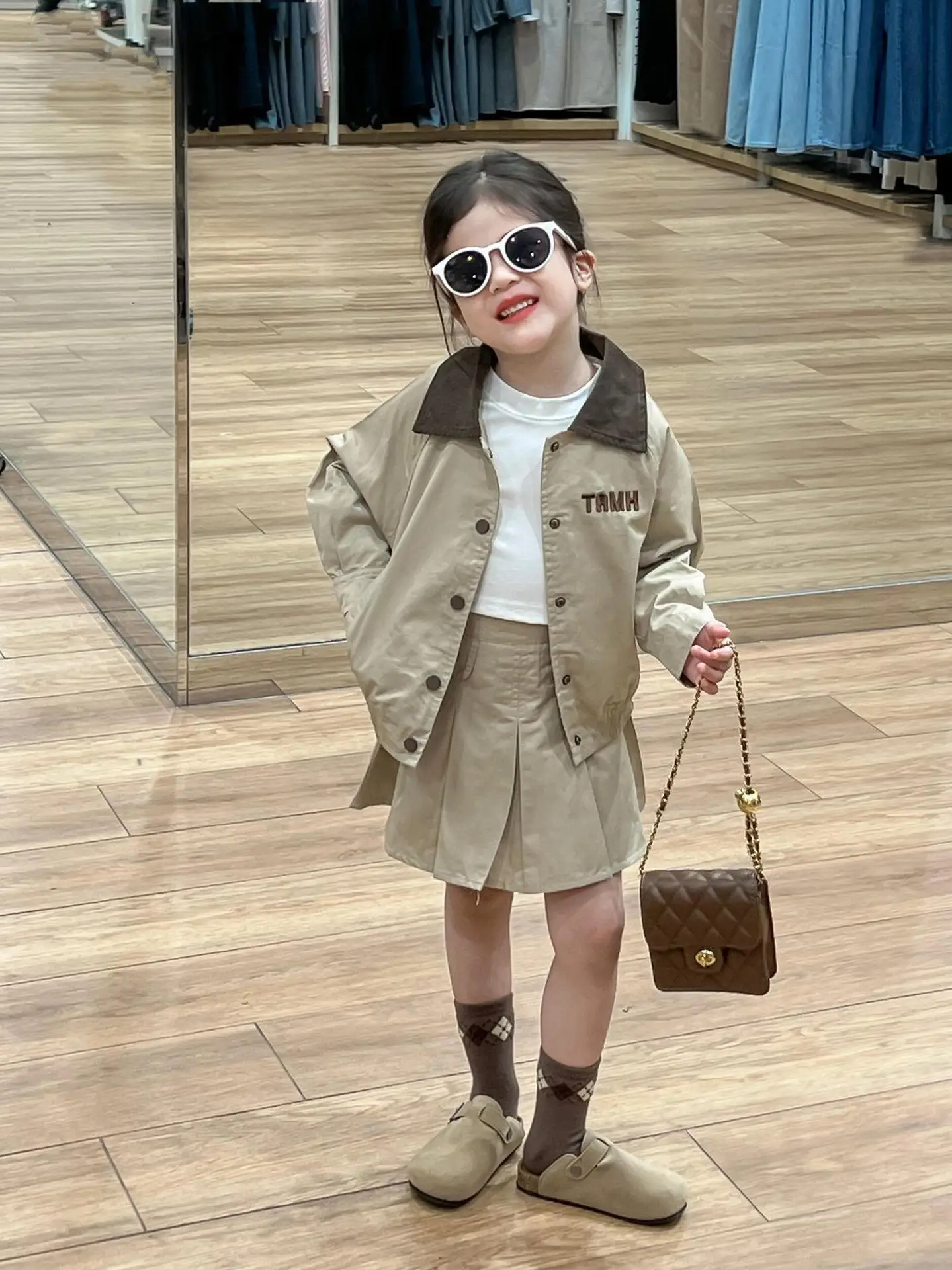 Girl Two Piece Set Autumn Winter 2024 New Khaki Spliced Letter Embroidery Flip Collar Loose Coat Pleated Skirt Lovely Cute Soft