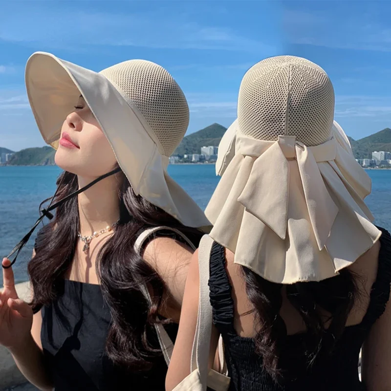 

Summer Women Hat Bucket Hat With Shawl Lightweight Breathable Mesh Face Neck Protection Travel Beach Sun Hat Bow Big Brim