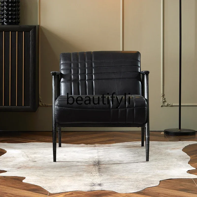 

Nordic modern all-leather sofa chair, living room top layer cowhide wrought iron single sofa0420