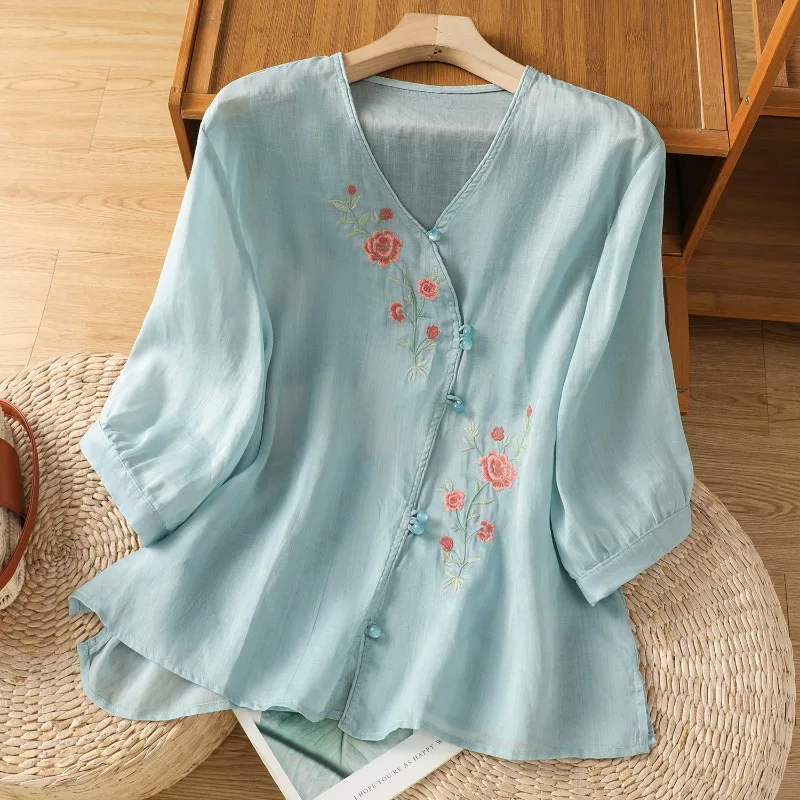 

Женская блузка в китайском стиле с вышивкой, винтажные рубашки, модная свободная летняя одежда, хлопковые льняные женские топы с короткими рукавами