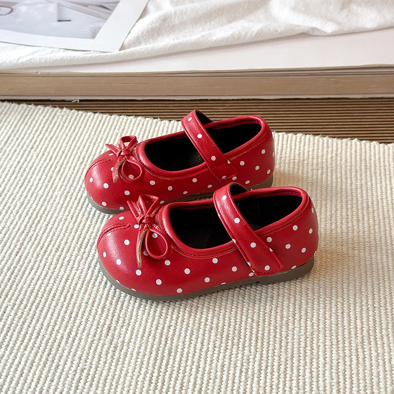 Girls' Mary Jane Shoes Ages 1–6 Red Polka Dots Girls Princess Shoes Shallow Bow Kids Leather Shoes All-Season Children's Shoes