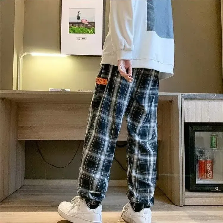 

American Retro Plaid Casual Pants Men's Spring Summer Thin Straight Loose Wide Leg Casual Long Trousers Polyester Fiber