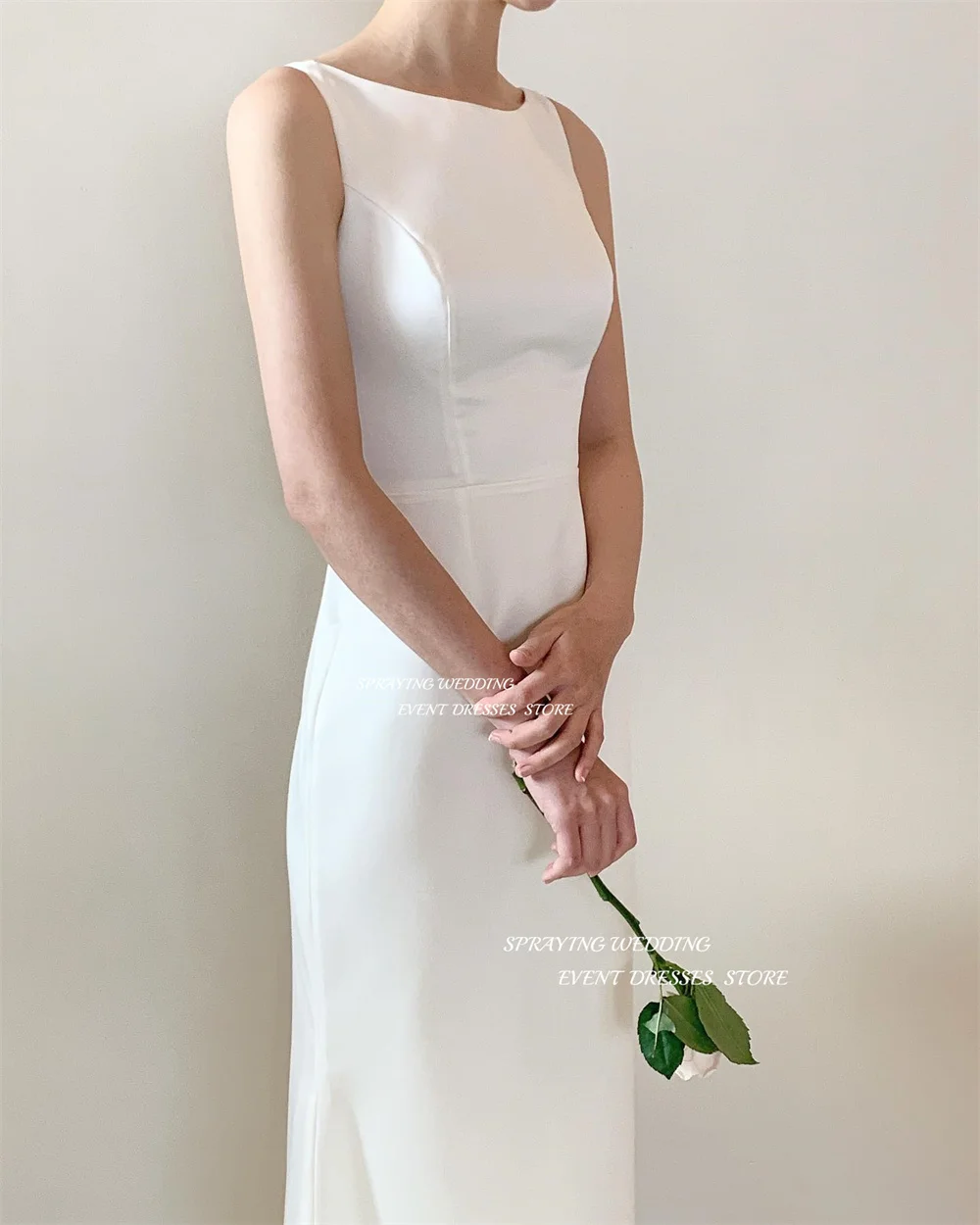 SPRAYING Simple O Neck Wedding Dress A Line Elastic Satin Bridal Gown Sleeveless For Korea Women Photoshoot Evening Dresses