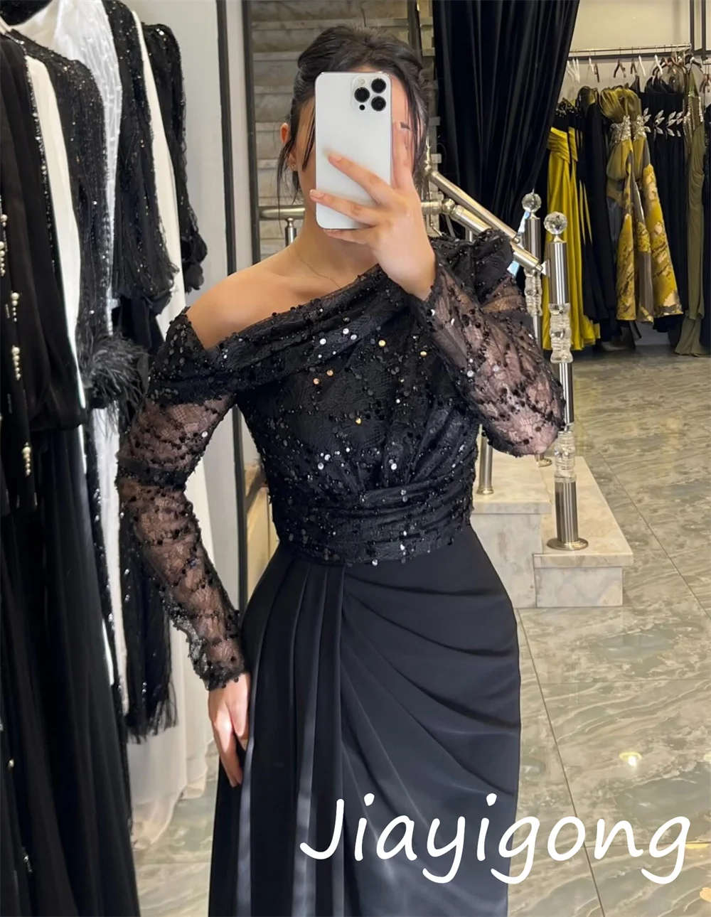 Customized High Quality Jersey Sequined Pleat Trumpet Off-the-shoulderLong Dresses Bespoke Occasion Sparkle