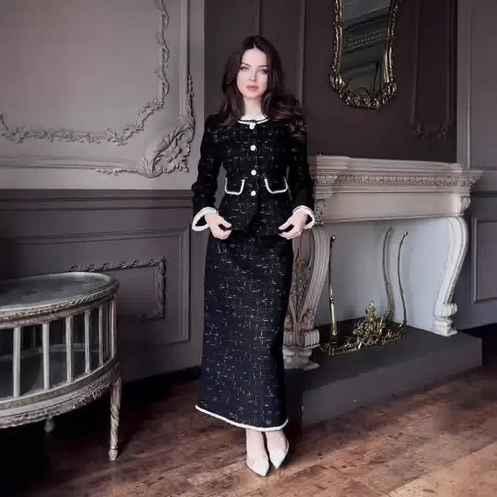 

Европа и Америка, осенне-зимний модный комплект, небольшой ароматный костюм, темперамент, светский дизайн, веер богини