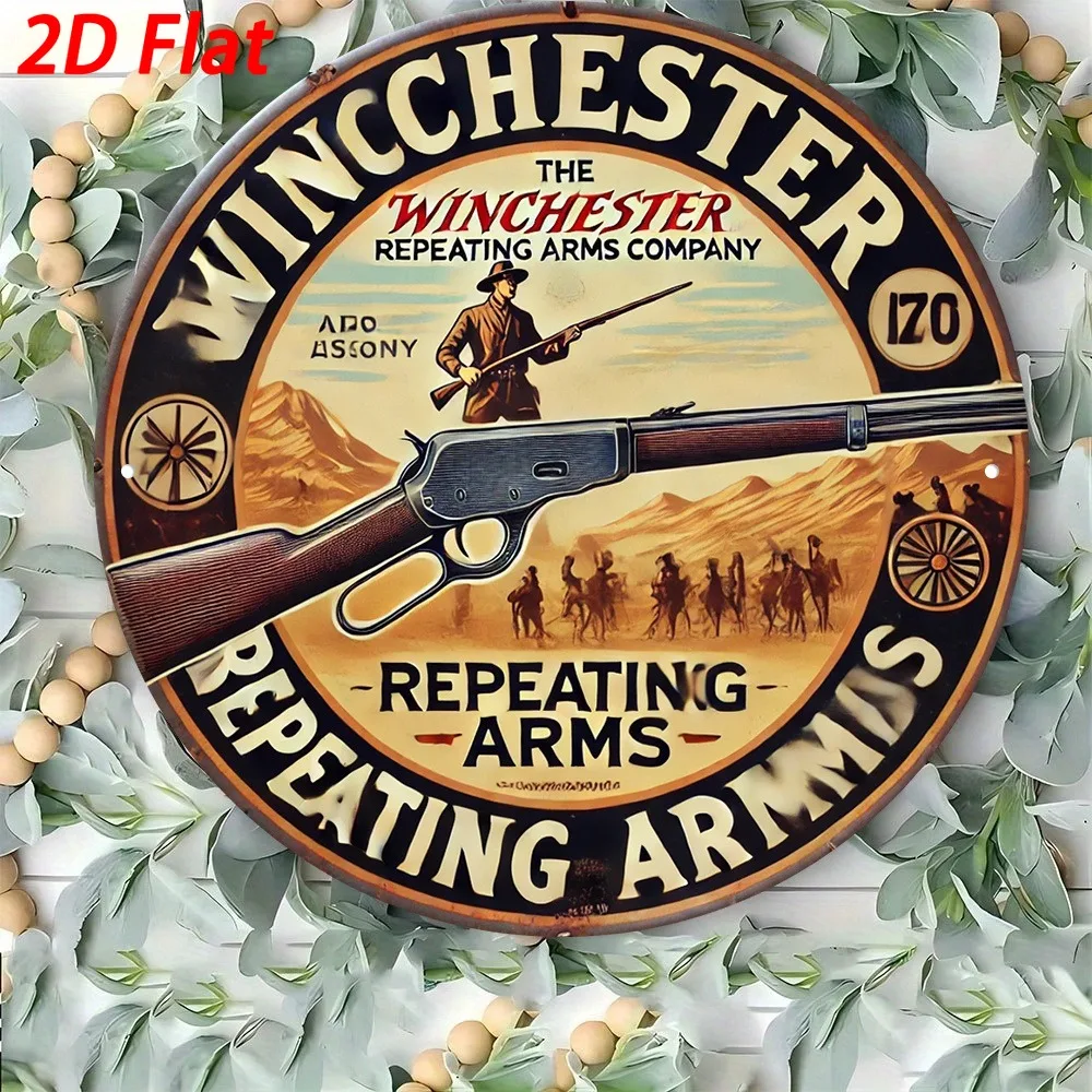 Vintage Round Metal Tin Sign Western Rifle Cowboy Desert Print Wall Decor Garage Cabin Hanging Plaque Hunting Lover Gift Decor