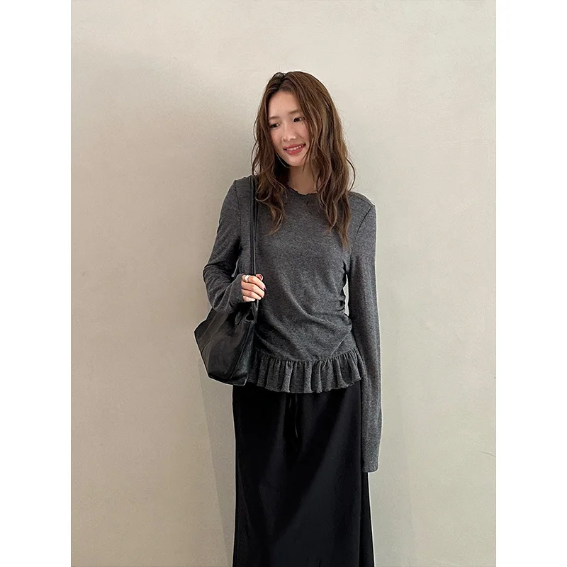 

2025 Early Autumn Ruffled Sheer Sleeve Tee for Women Korean Style Knit Slim Fit Early Autumn Base Layer Shirt