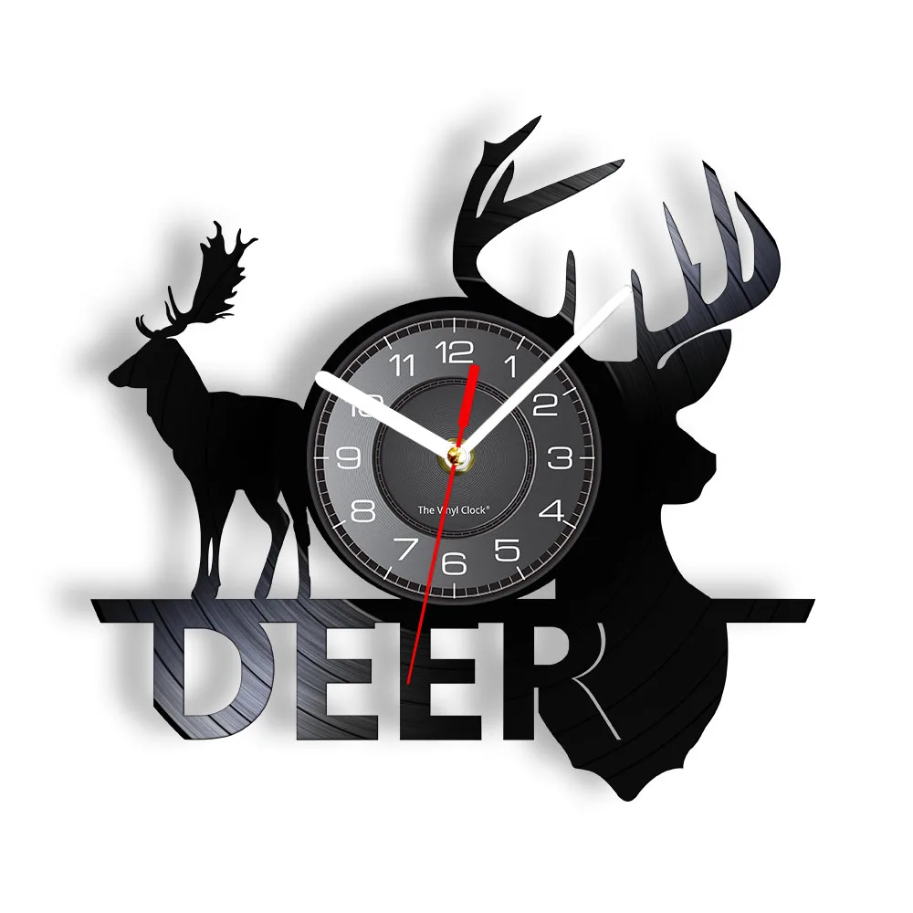 Woodland Deer Hunter Clock Forest Wild Moose Head Vinyl Record Wall Clock Deer Antlers Decorative Clock Wall Art Hunters Gift