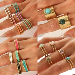 Boho Enamel Turquoise Stone Wide Rings Stainless Steel Gold Plated Hollow Multilayer Adjustable Open Rings Trend Rings for Women
