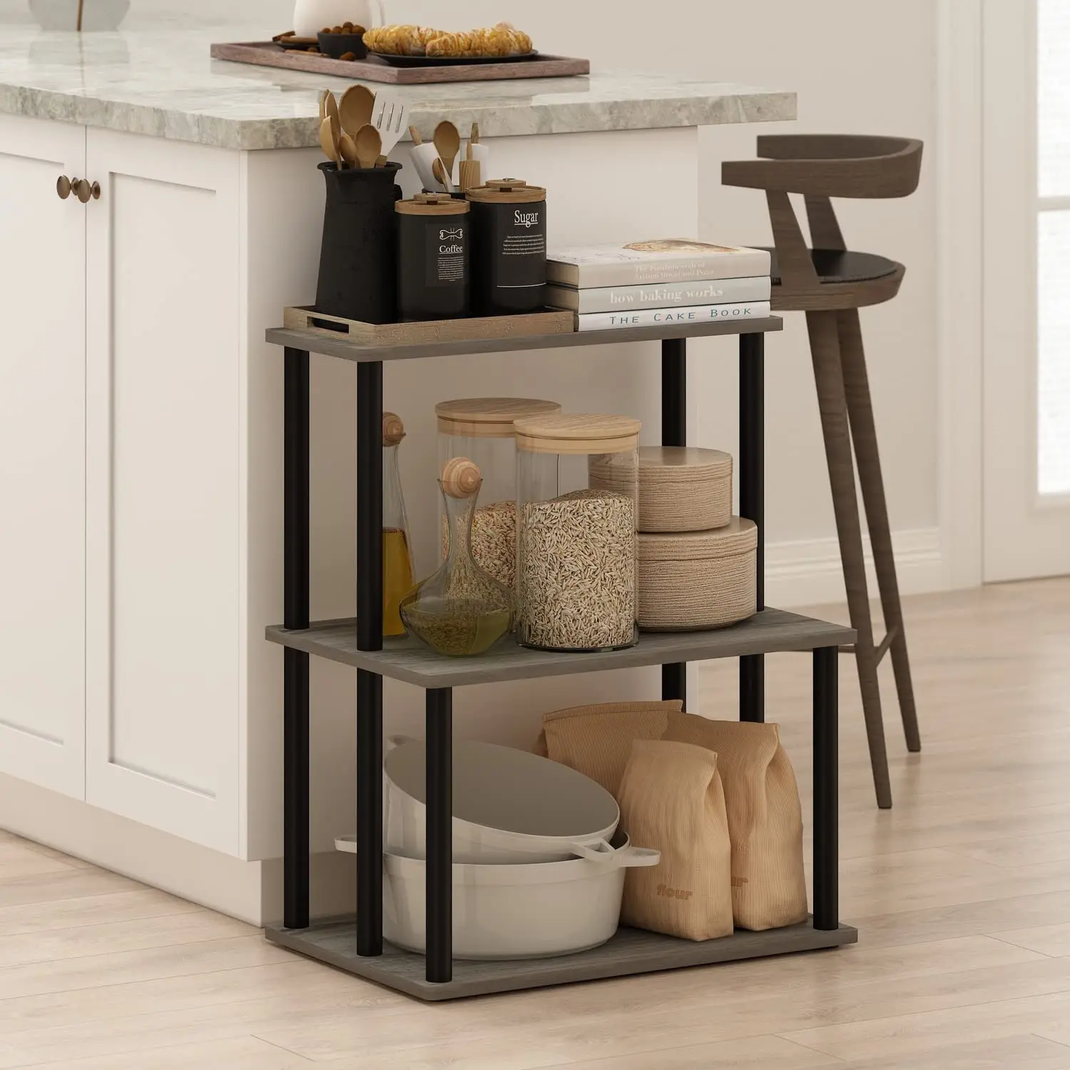 

3-Tier Toolless Kitchen Storage Shelf,French Oak GreyBlack,DVD Shelf, Made from CARB Grade 15.6 (D) x 23.4 (W) x 29.1 (H) Inches